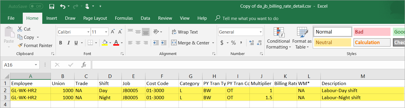 Sample of the import file of bill rate/subrate details
