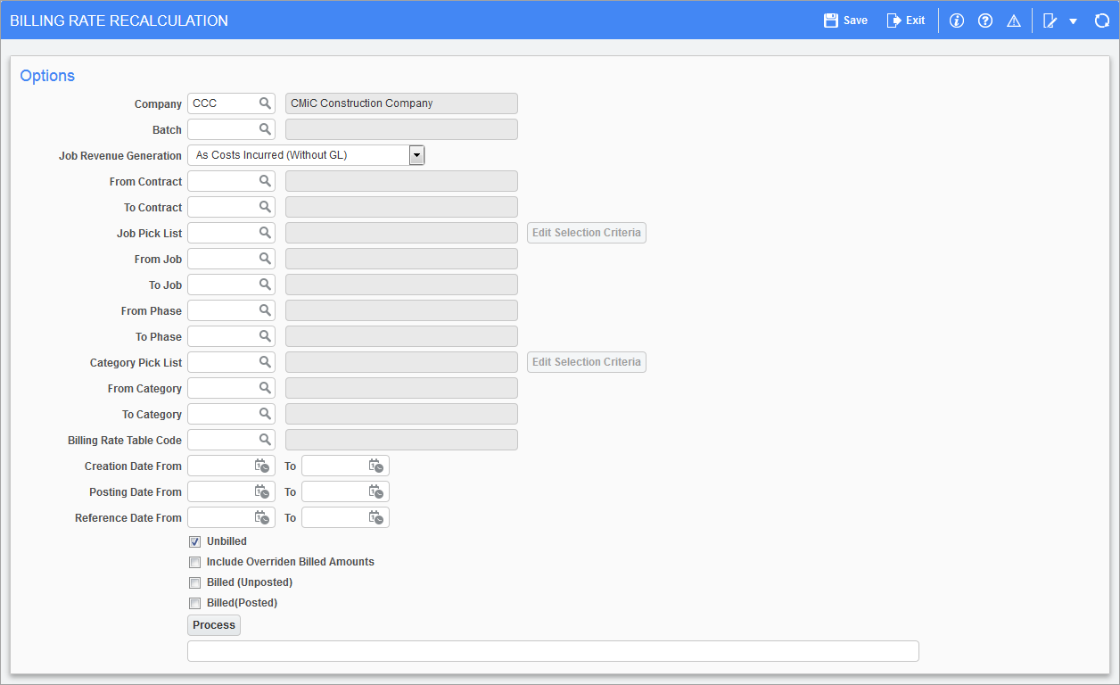 Sample of the Billing Rate Recalculation screen