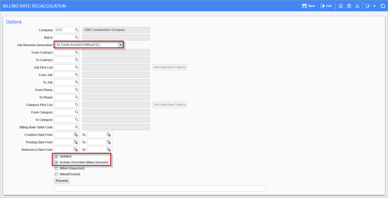 Sample of the Billing Rate Recalculation screen set to use As Costs Incurred (Without GL) for the Job Revenue Generation field