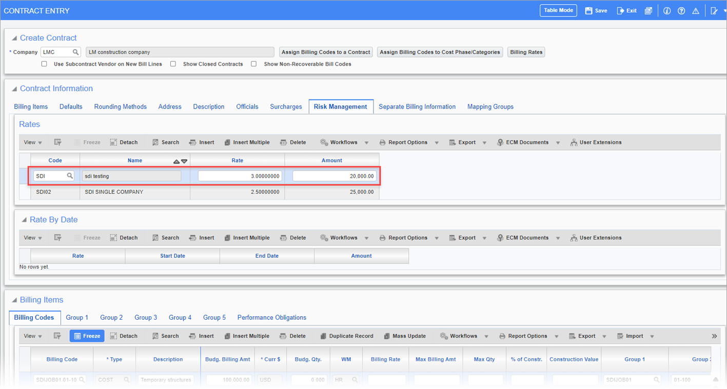 Sample of changing Amount and Rate fields in the Contract Entry screen