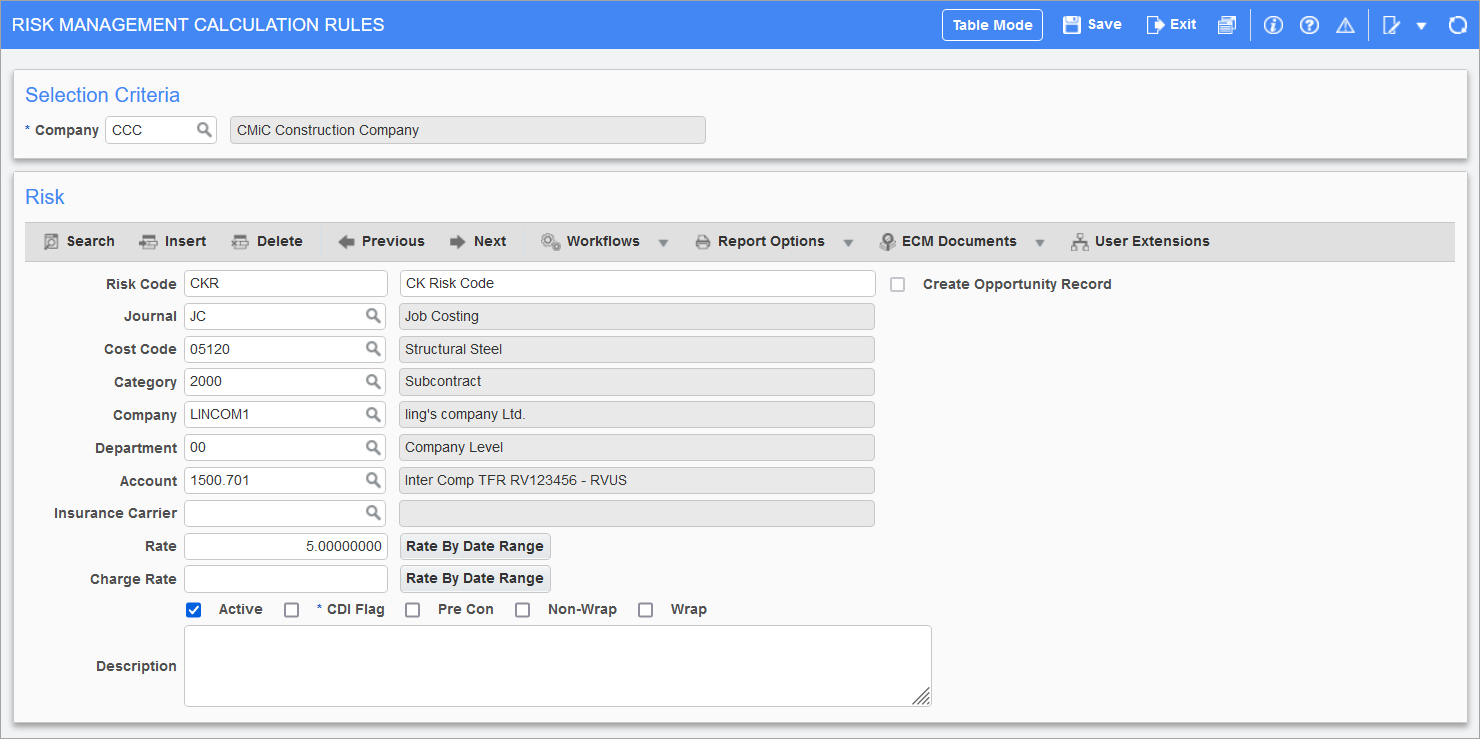 Sample of the Risk Management Calculation Rules screen