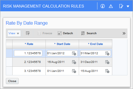 Sample of the Rate By Date Range pop-up window