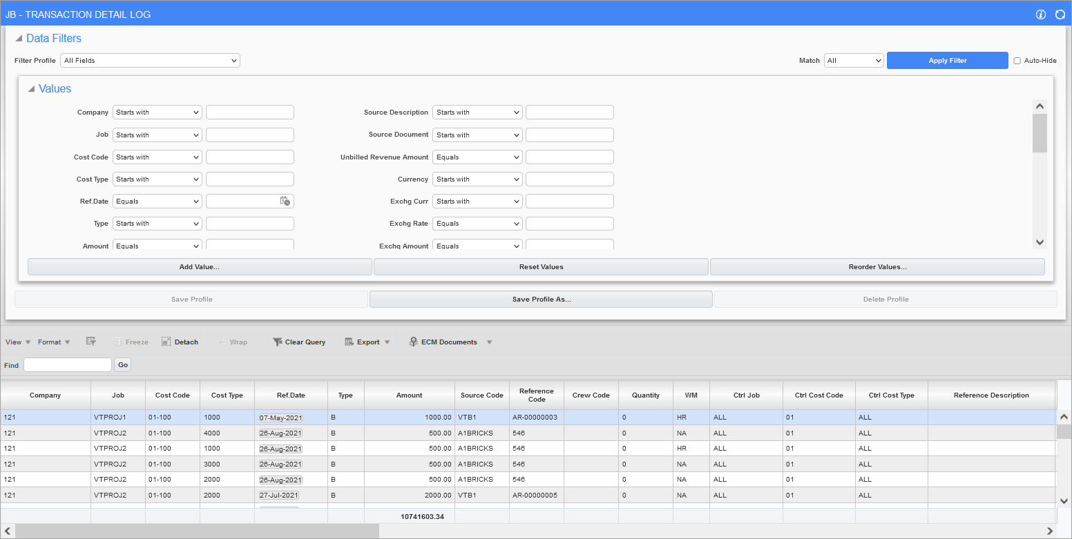 Sample of the Transaction Detail Query screen
