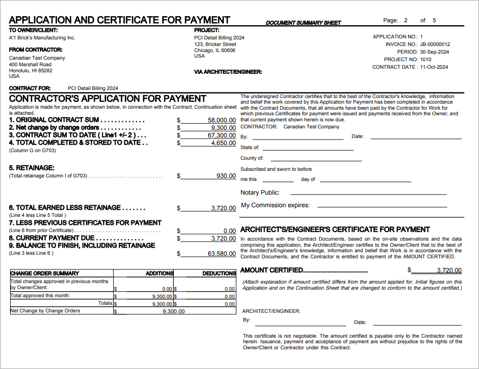 Sample of the U10C Invoice Report Header Summary Page