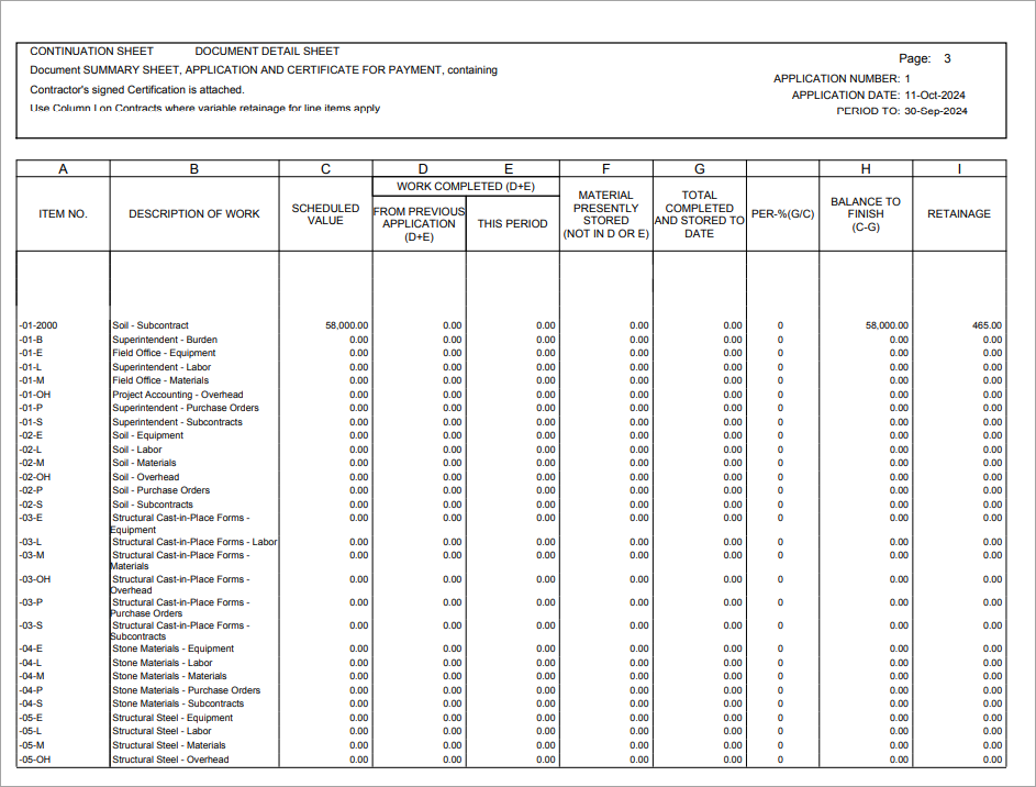 Sample of the U10C Invoice Report Schedule of Values Page
