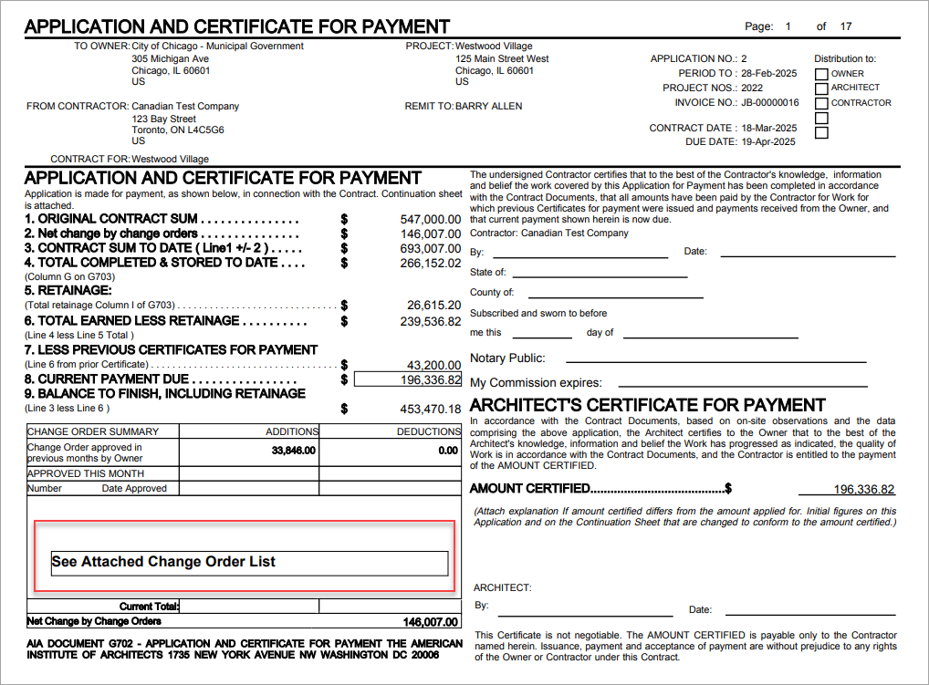 Change Order Summary section of JBPB_U10