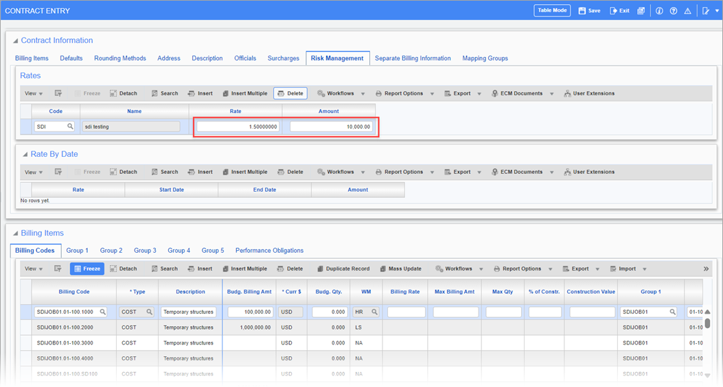 Sample of the SDI setup for Contract SDIJOB01