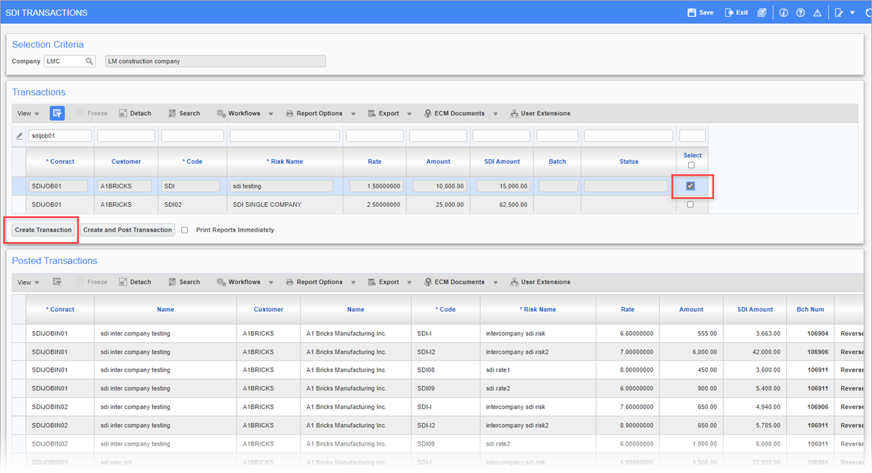 Sample of selecting a contract to create a transaction on the SDI Transactions screen