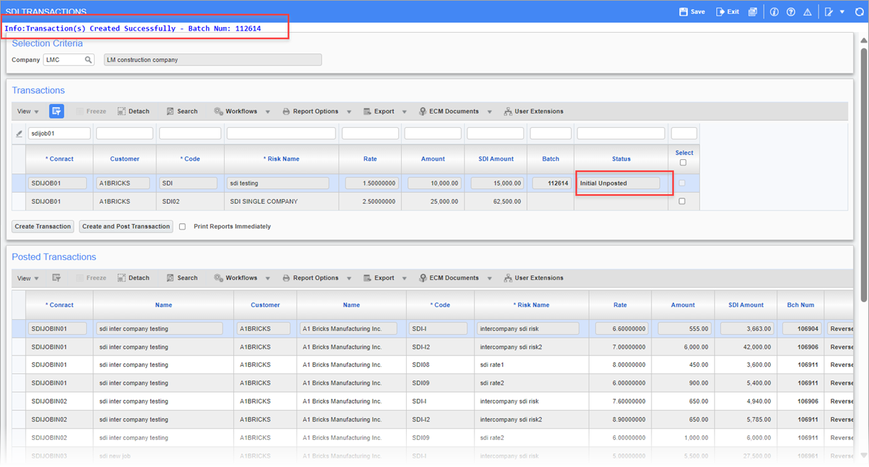 Sample of the "Initial Unposted" status for unposted transactions