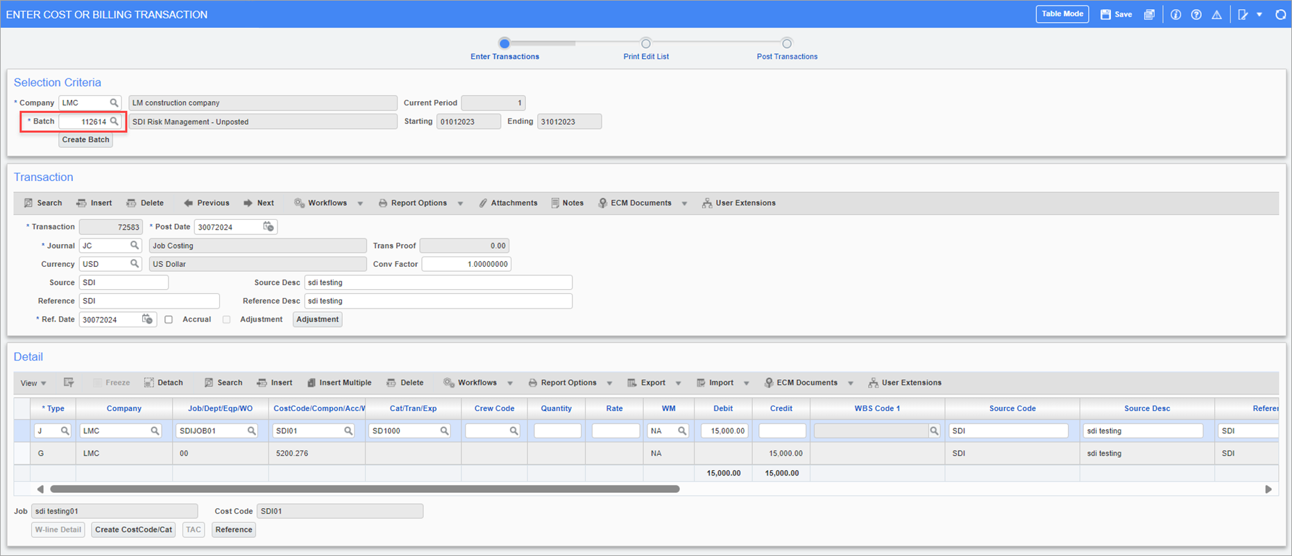 Sample of the Enter Cost Transaction screen