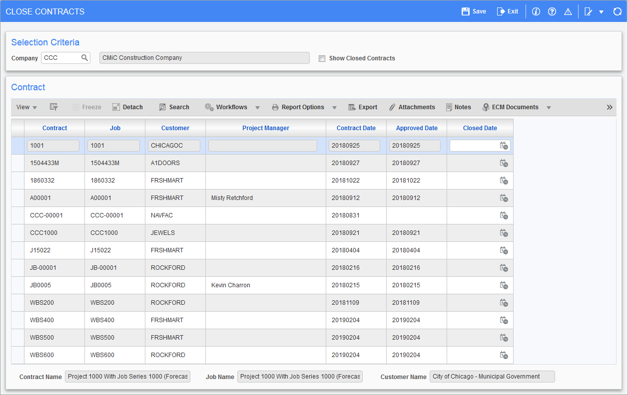 Sample of the Close Contracts screen