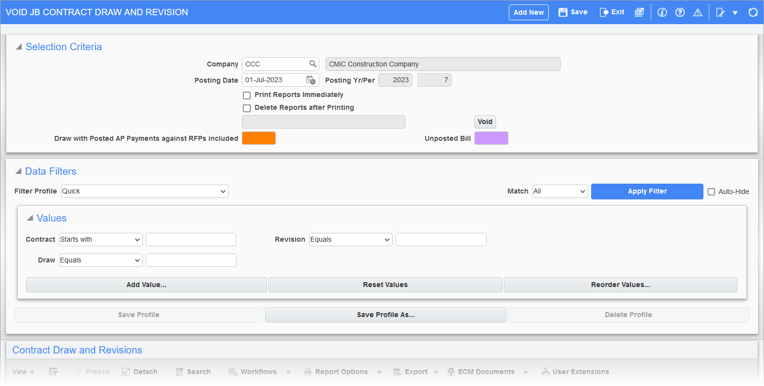 Sample of the Void JB Contract Draw and Revision screen