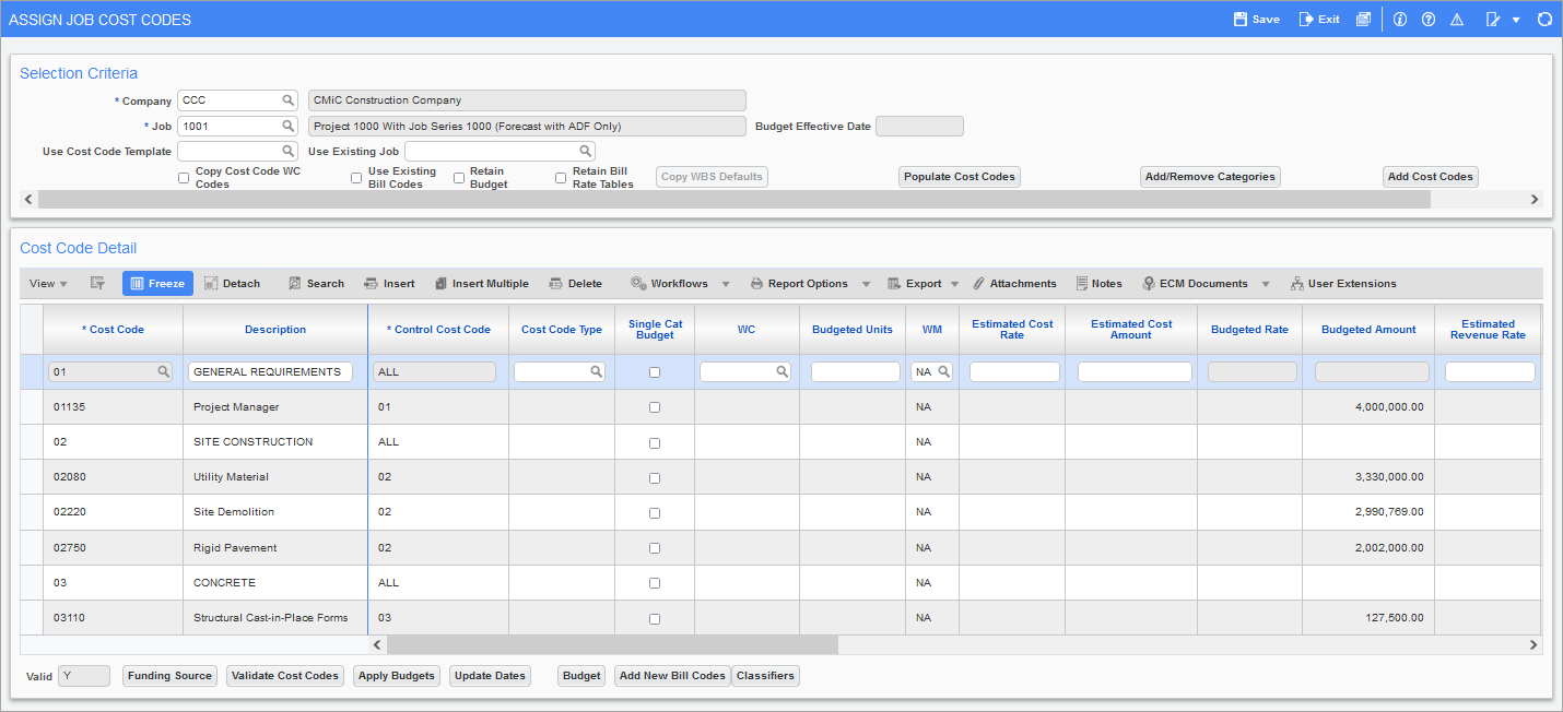 Sample of the Assign Job Cost Codes screen