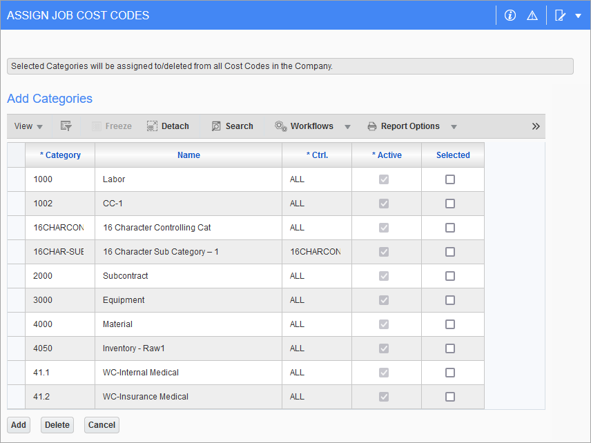 Sample of pop-up window launched by [Add/Remove Categories] button