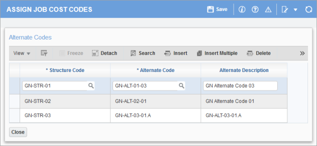 Sample of the Alternate Codes pop-up window