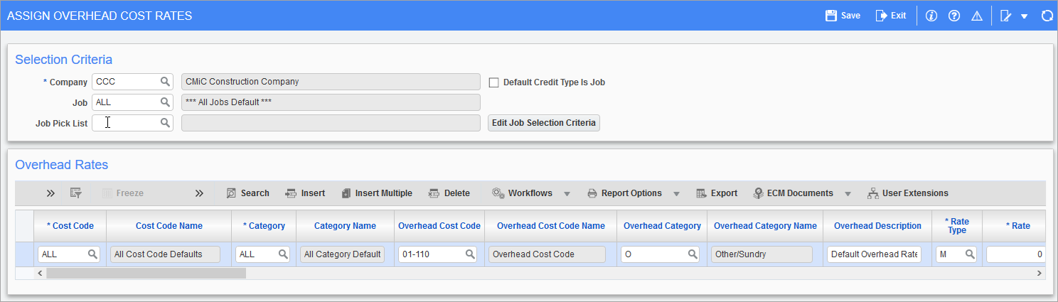 Sample of the Assign Overhead Cost Rates screen