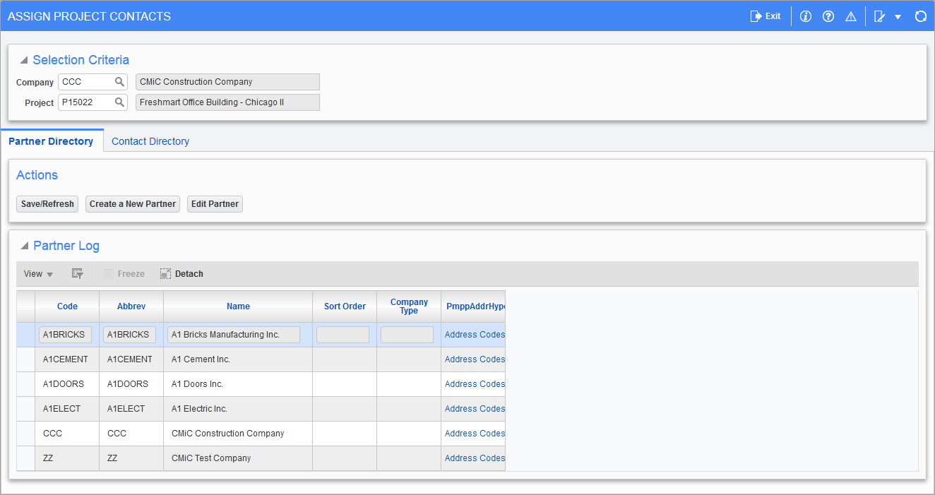 Sample of the Assign Project Contacts screen