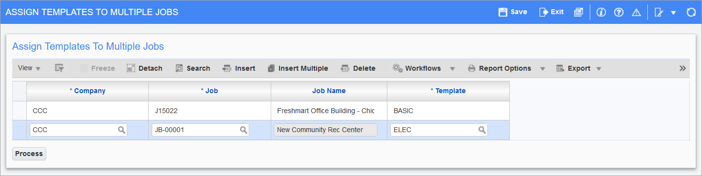 Sample of the Assign Templates to Multiple Jobs screen