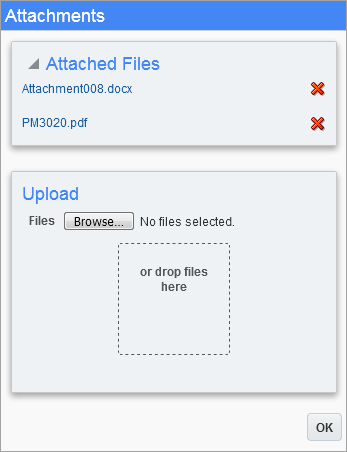 Sample of the Attachments pop-up window