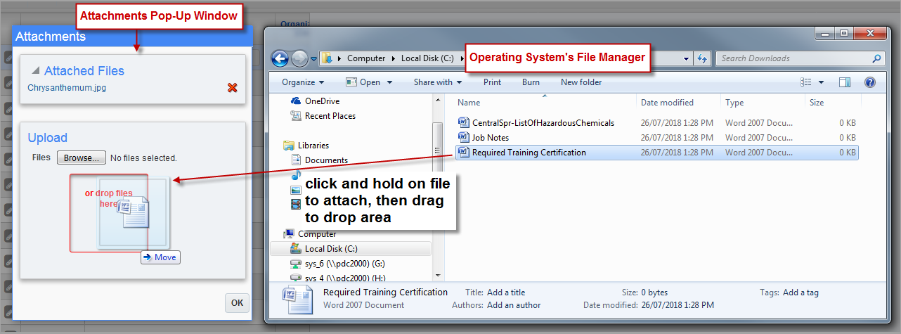 Sample of the drag and drop method when uploading an attachment in the Attachments pop-up window