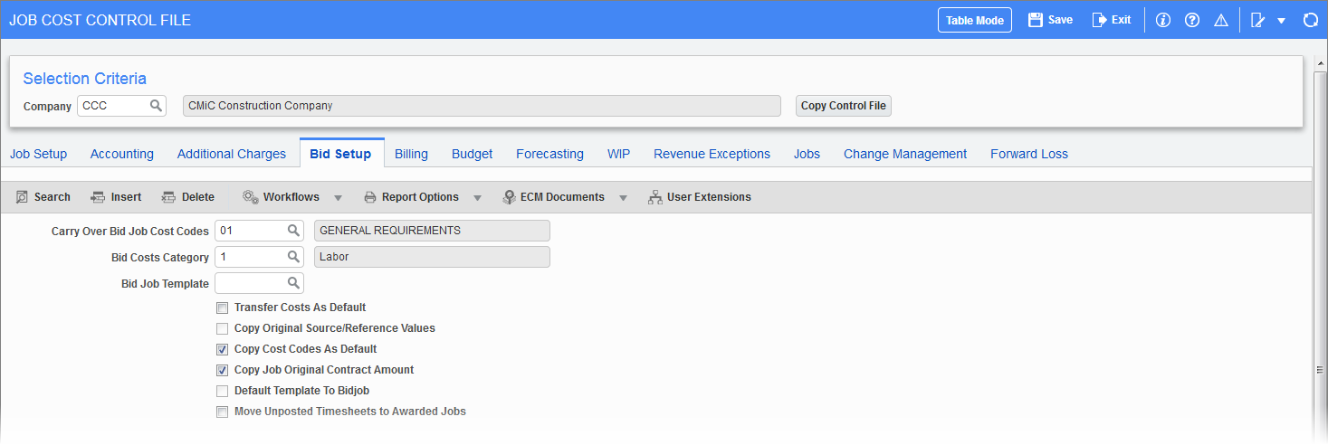 Sample of the Bid Setup tab of the Control File