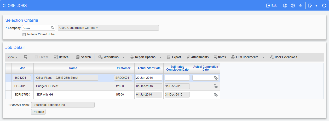 Close Jobs utility screen for billing and cost type jobs