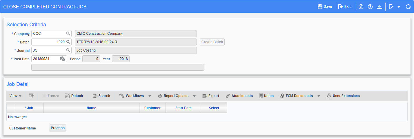 Close Completed Contract Job utility screen