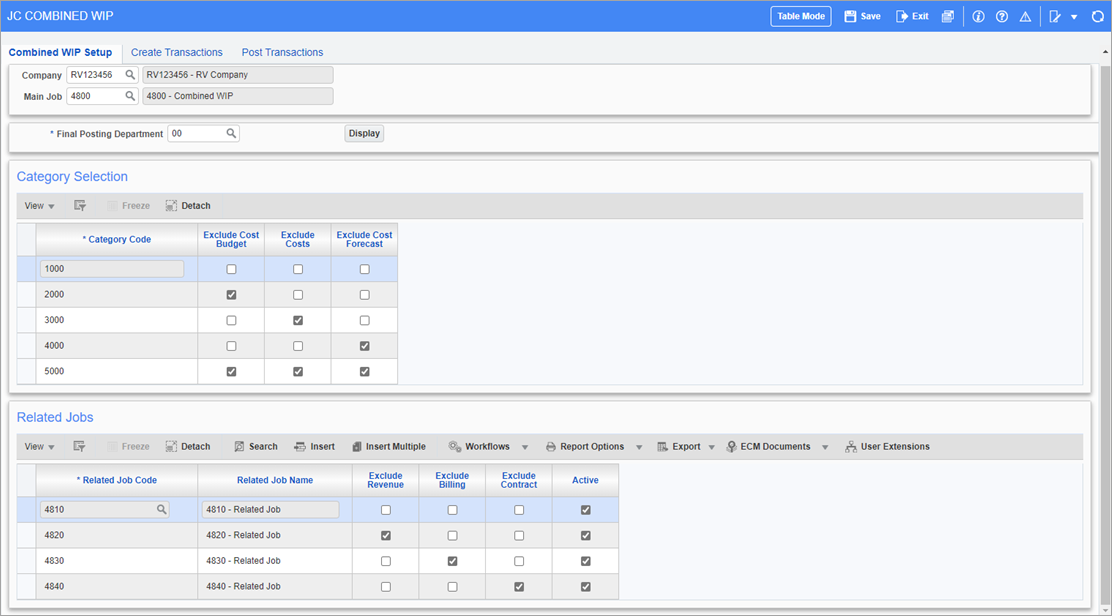 Job Costing - Combined WIP Setup - Tab