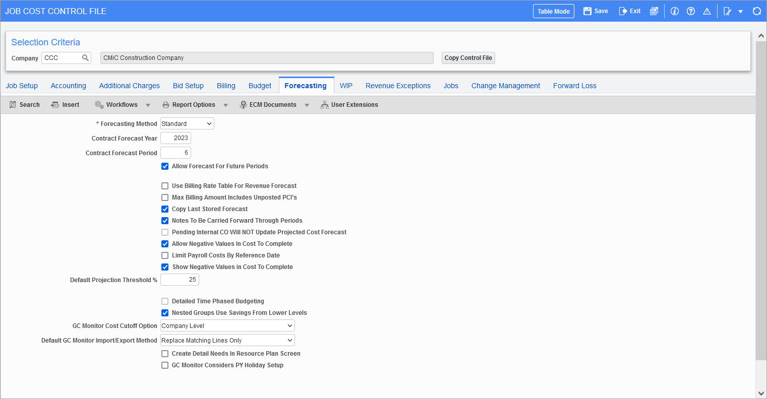Sample of the Forecasting tab on the JC Control File
