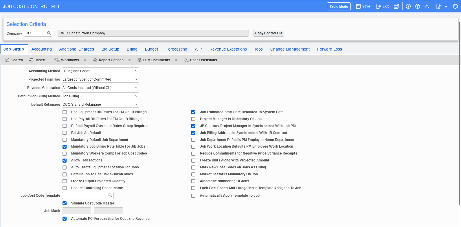 Sample of the Job Setup tab on the JC Control File