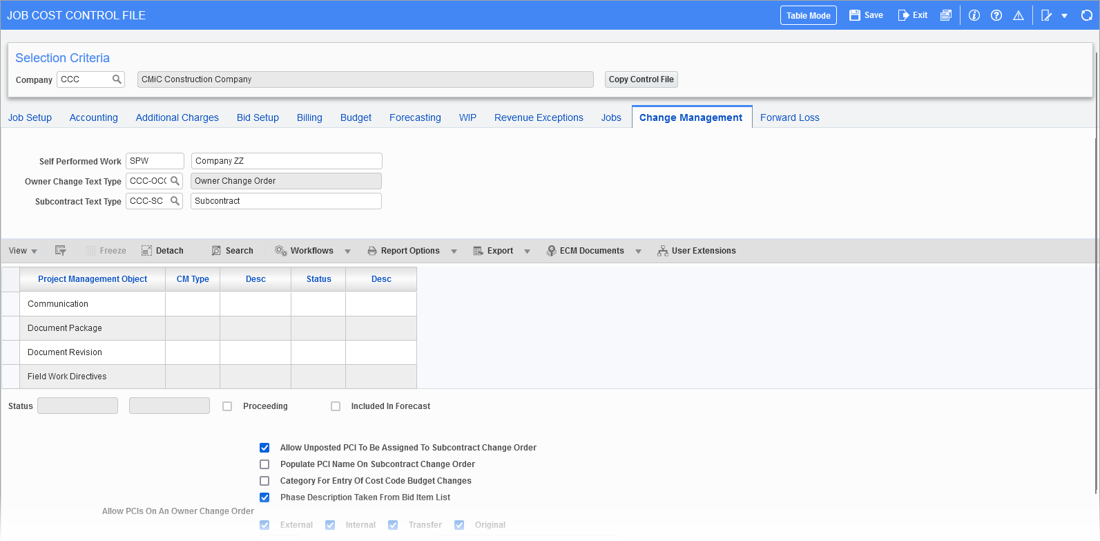 Sample of the Change Management tab in the JC Control File