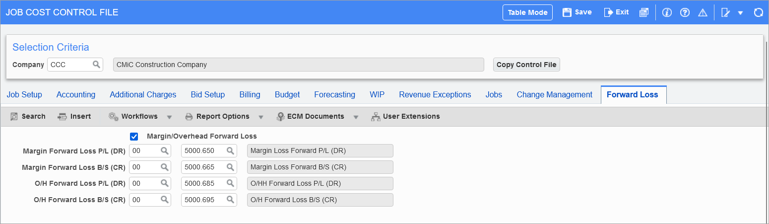 Sample of the Forward Loss tab on the JC Control File