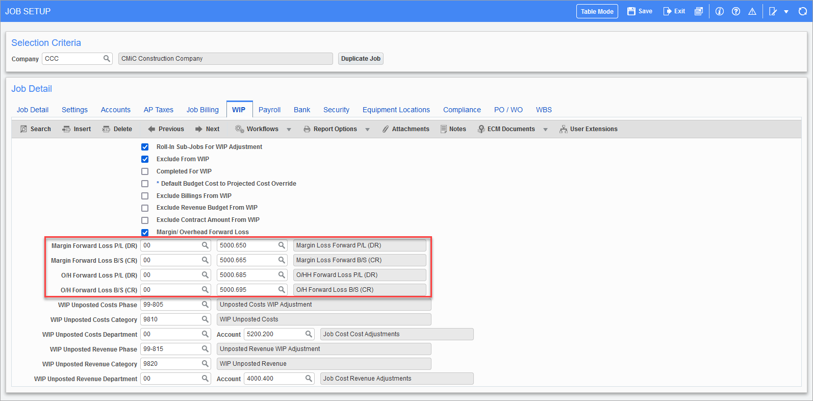 Forward Loss fields on the WIP tab of the Job Setup screen