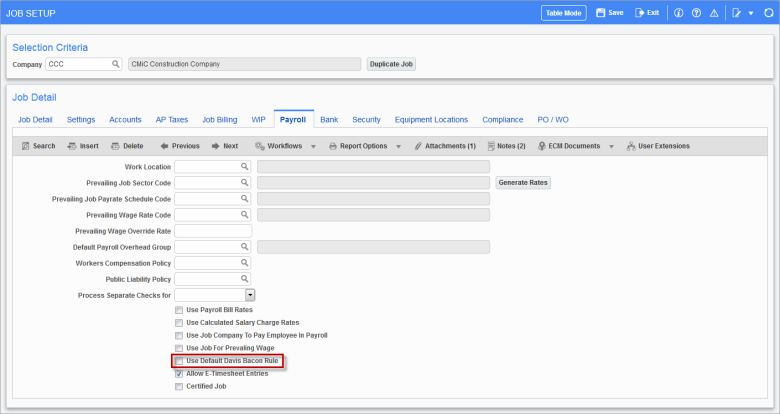 The Use Default Davis Bacon Rule checkbox on the Payroll tab of the Job Setup screen