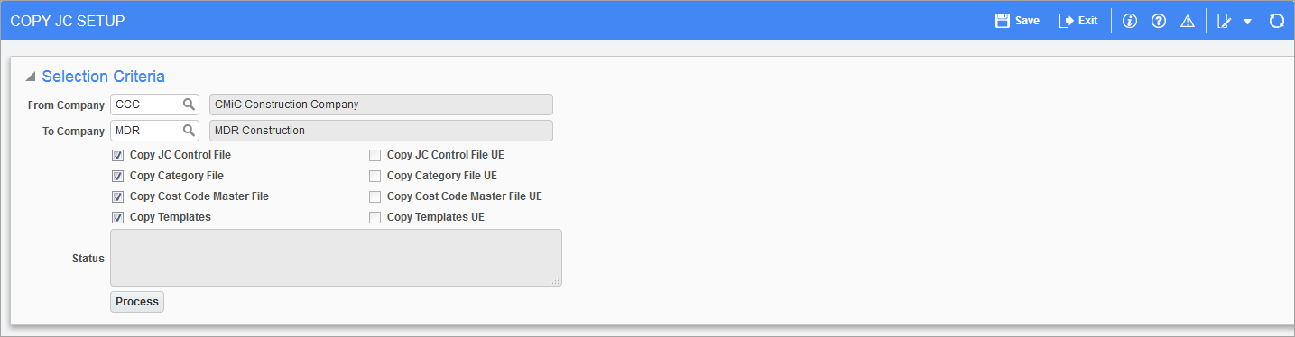Copy JC Tables utility screen