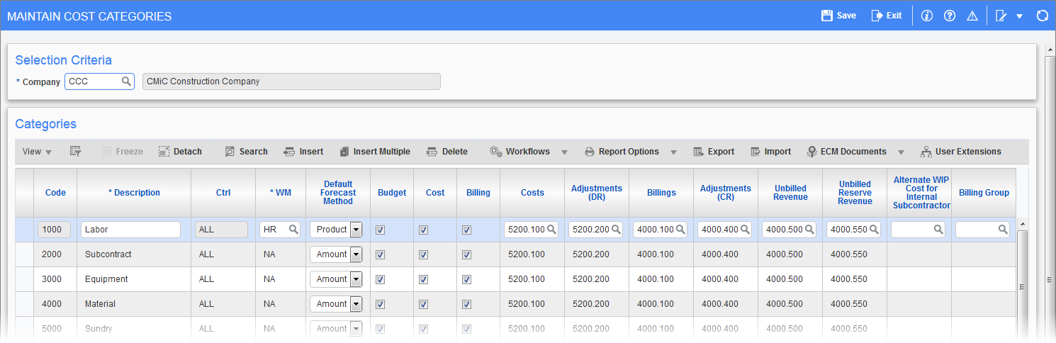 Sample of the Maintain Cost Categories screen