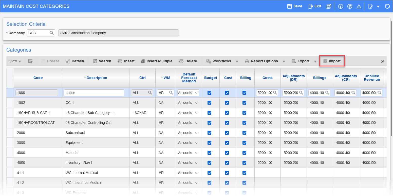 The Import button on the Maintain Cost Categories screen