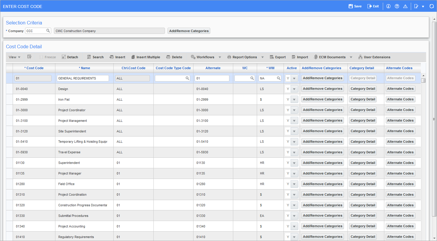 Sample of the Enter Cost Code screen