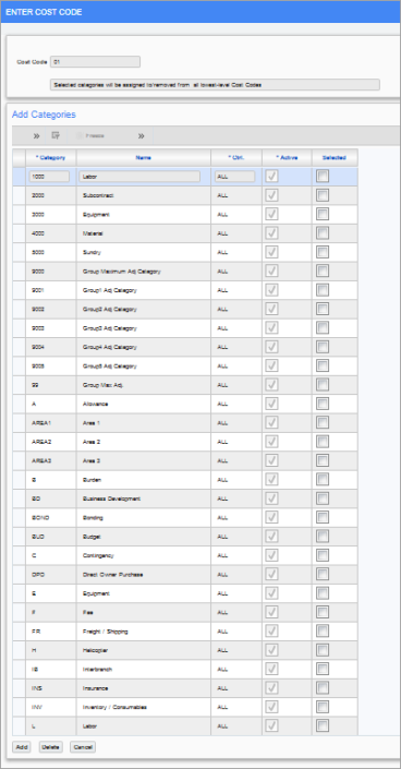 Sample of the Add Categories pop-up window