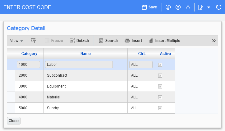 Sample of the Category Detail pop-up window