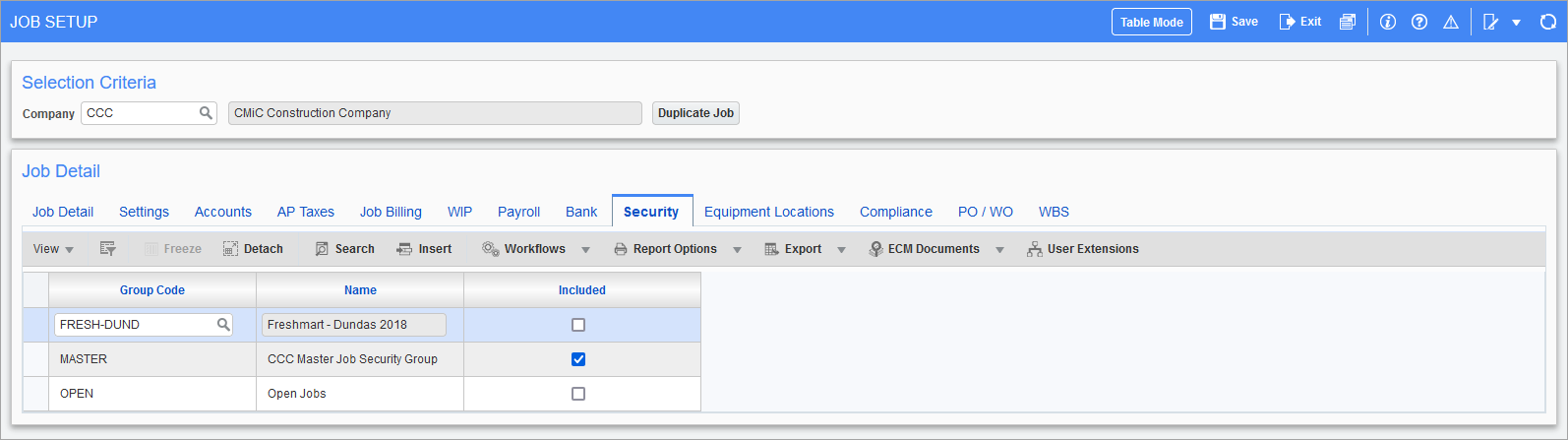 Job Costing - Job Setup - Security - Tab