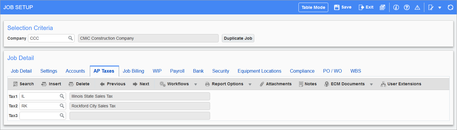 Sample of the AP Taxes tab in the JC Control File