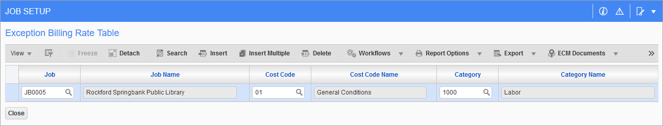 Sample of the Exception Billing Rate pop-up window