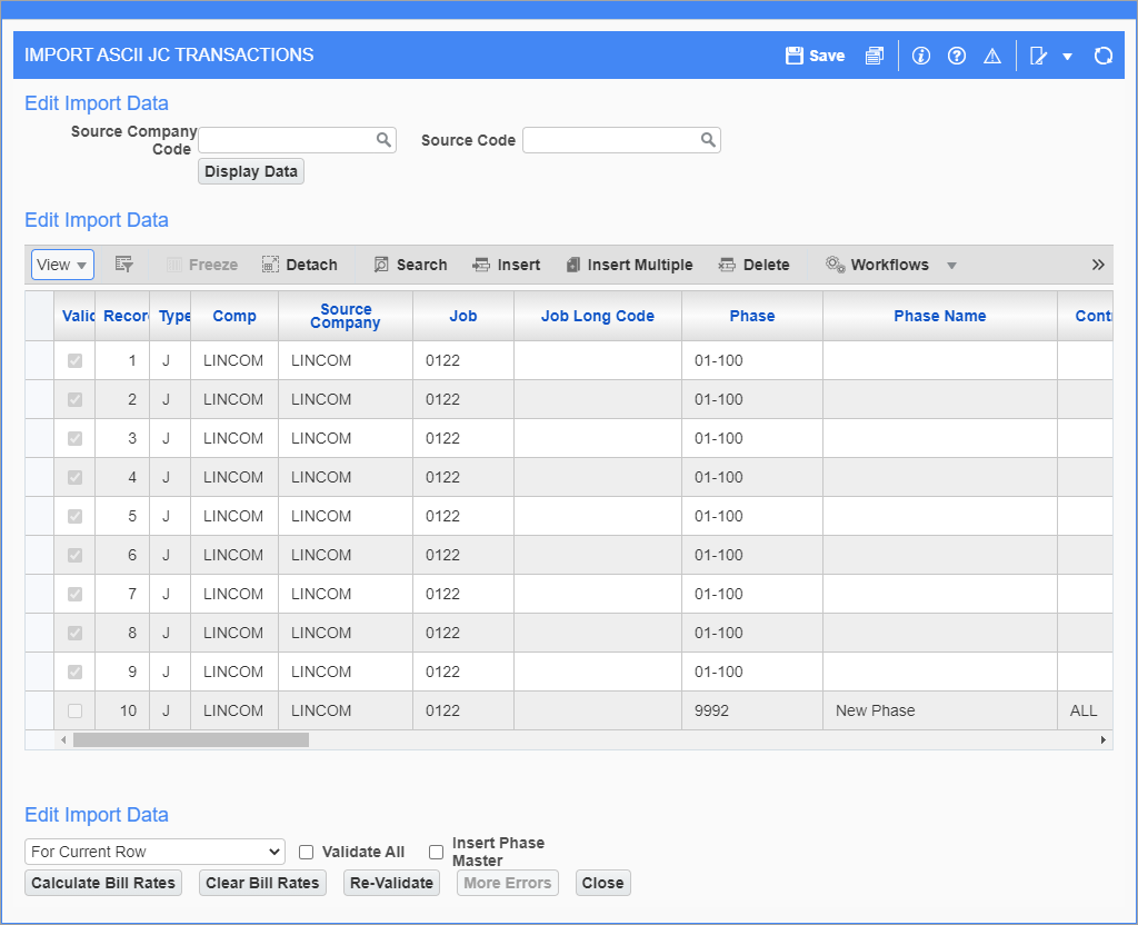 Sample of the Import ASCII JC Transactions pop-up window