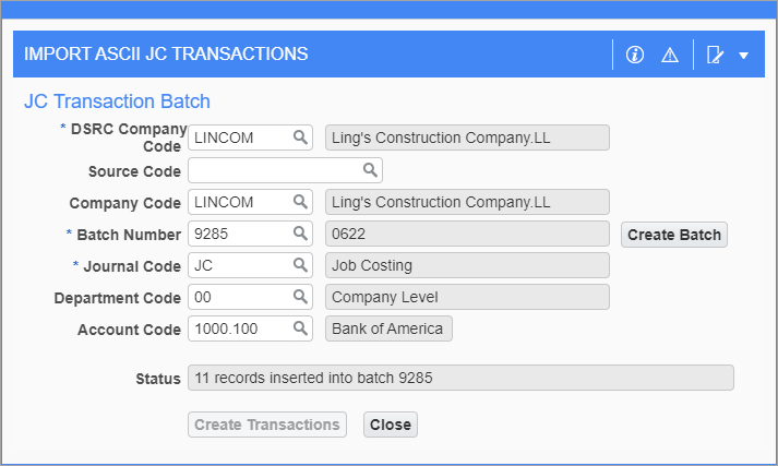 Sample of the Create Transactions function for the Import ASCII JC Transactions screen