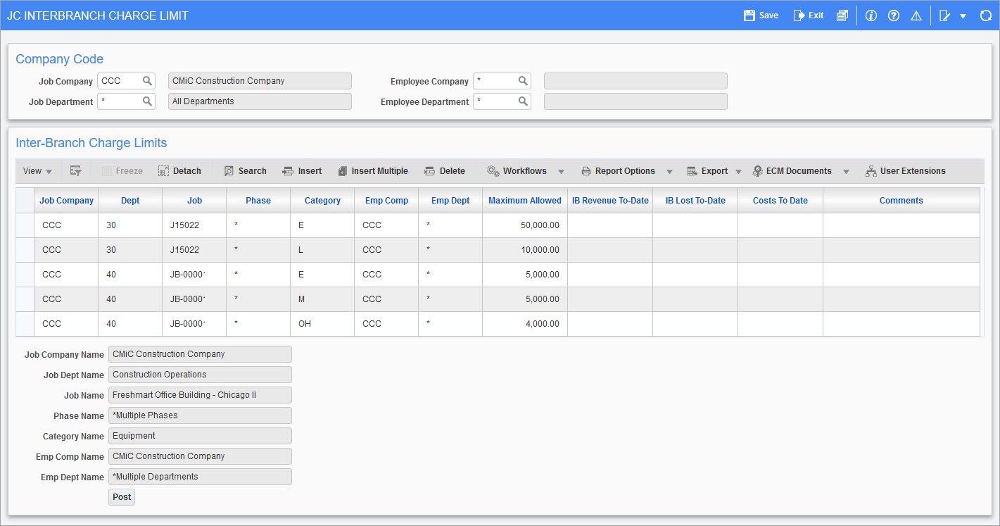 Sample of the Inter Branch Charge Limit screen
