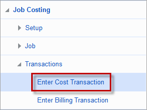 Enter Cost Transaction menu item on the Treeview