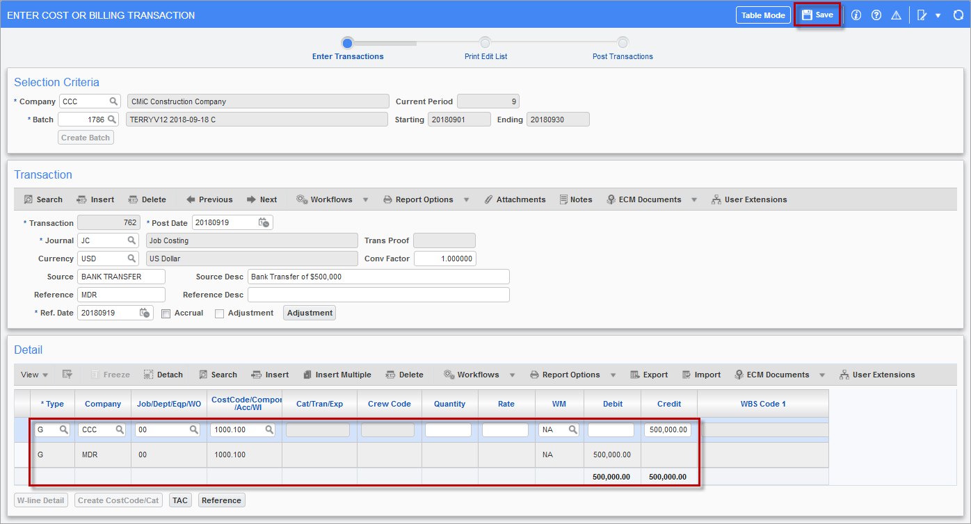 Transaction details on the Enter Cost Transaction screen