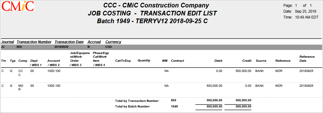 Sample of the Job Costing Transaction Edit List report