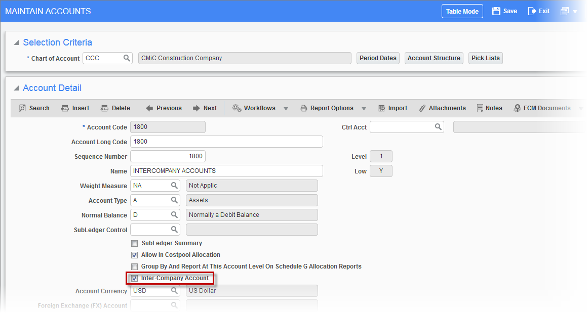 The Inter-Company Account checkbox on the Maintain Accounts screen